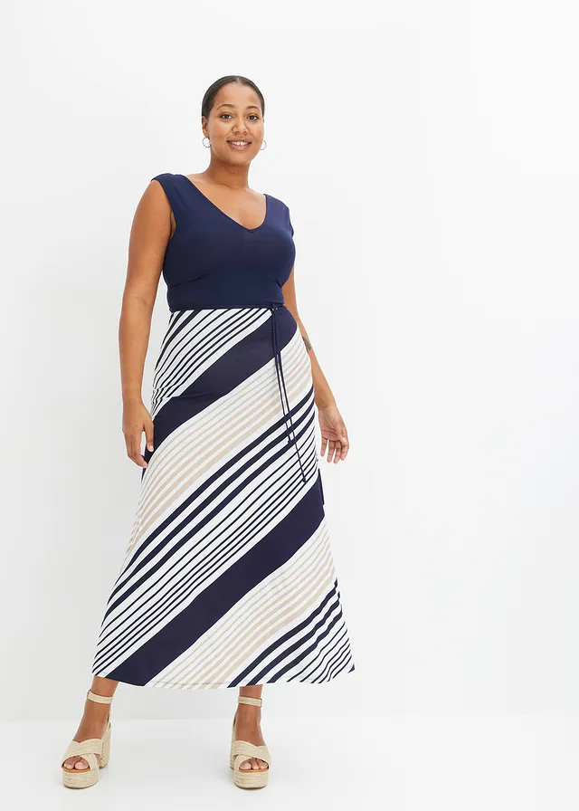 Robe longue et douce en viscose extensible, Couleur: bleu foncé/crème rayé