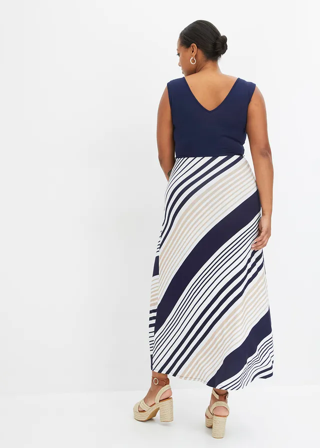 Robe longue et douce en viscose extensible, Couleur: bleu foncé/crème rayé