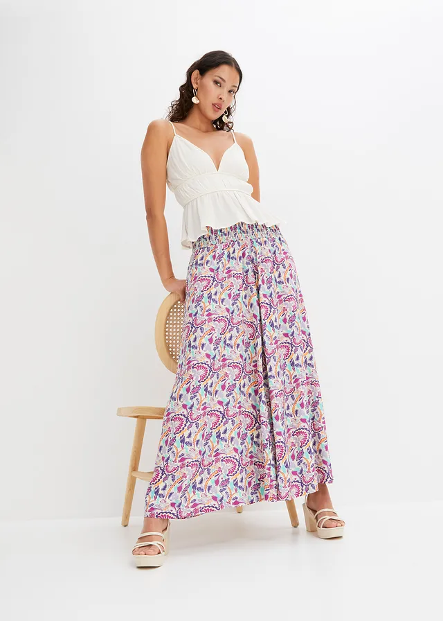 Pantalon palazzo en viscose fluide, Couleur: lavande fumé