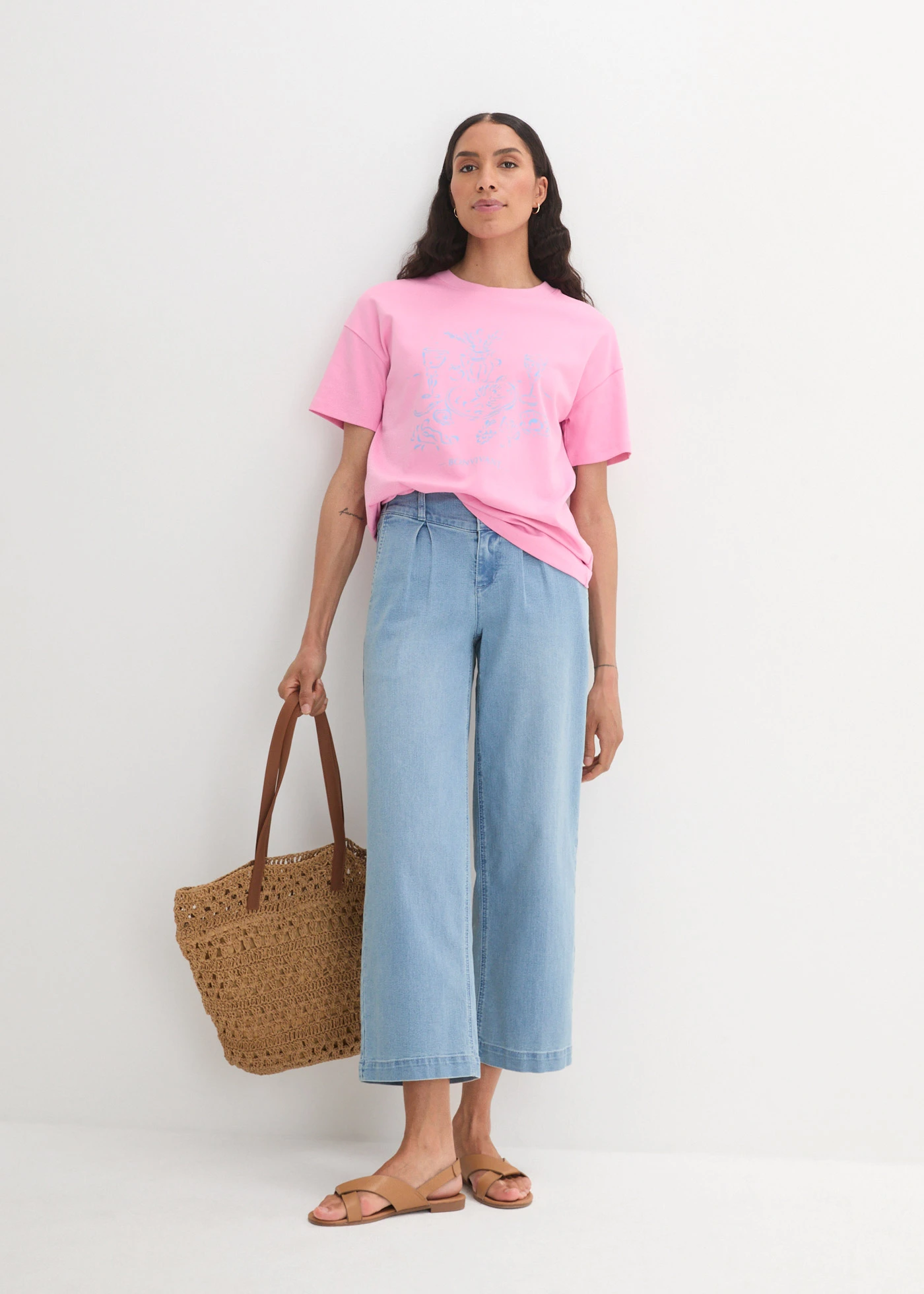 Oversized T-shirt van biologisch katoen • roze-babyblauw met print • bonprix online shop