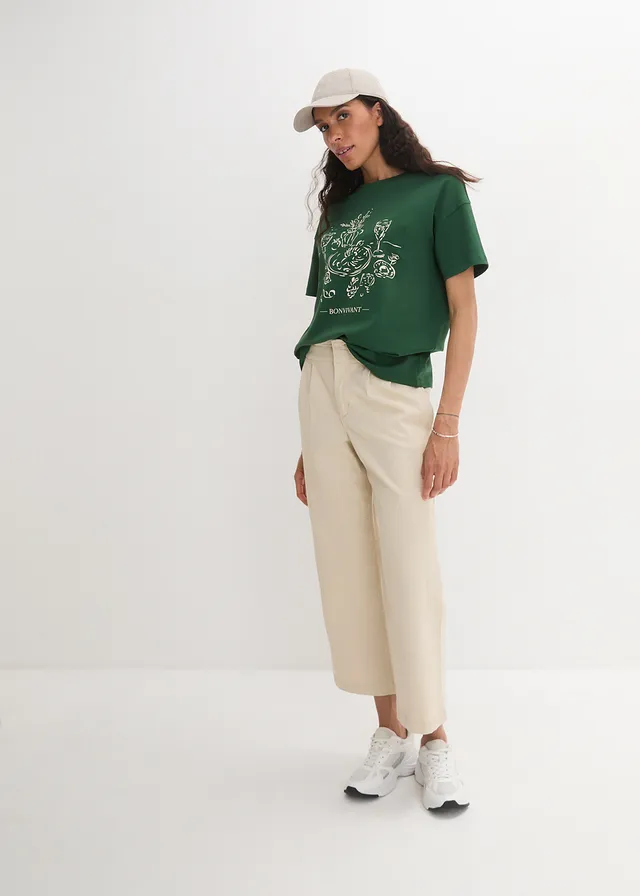 T-shirt met print van biologisch katoen, Kleur: dennengroen-naturel