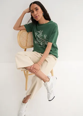 T-shirt oversize z bawełny organicznej • zielony świerkowy-kremowy z nadrukiem • sklep bonprix
