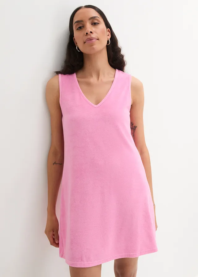 Frotté jurk in A-lijn, Kleur: roze