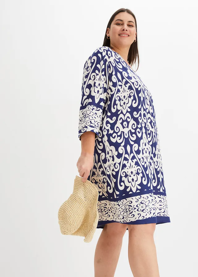 Robe-tunique en viscose fluide, Couleur: bleu foncé-crème imprimé