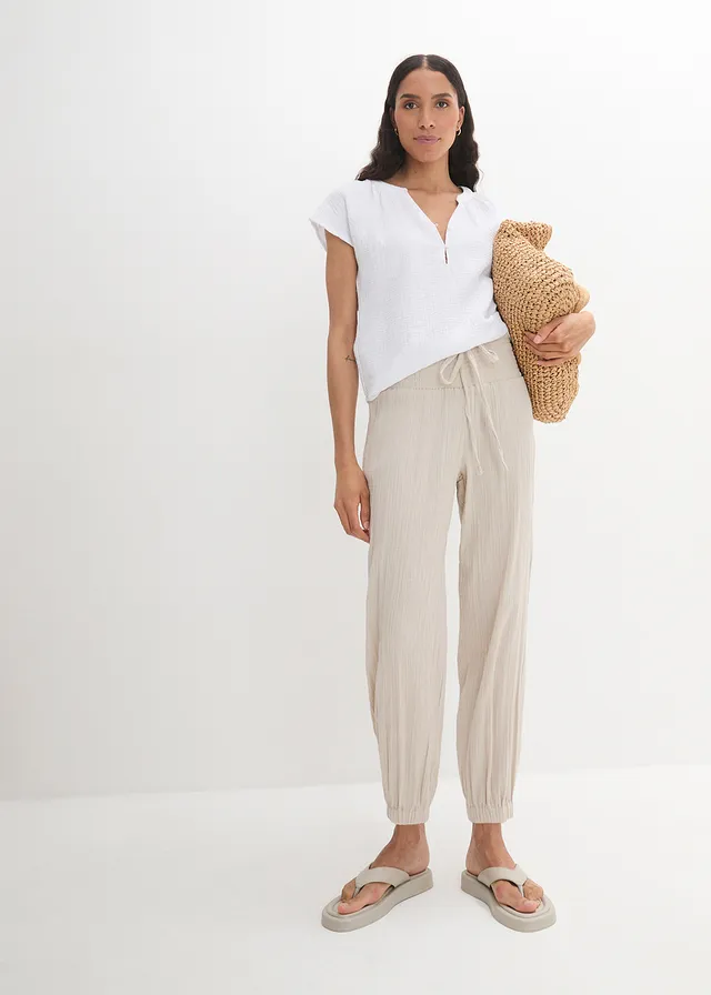 Pantalon en gaze de coton avec ceinture smockée • gris pierre • product-page.page-title-suffix