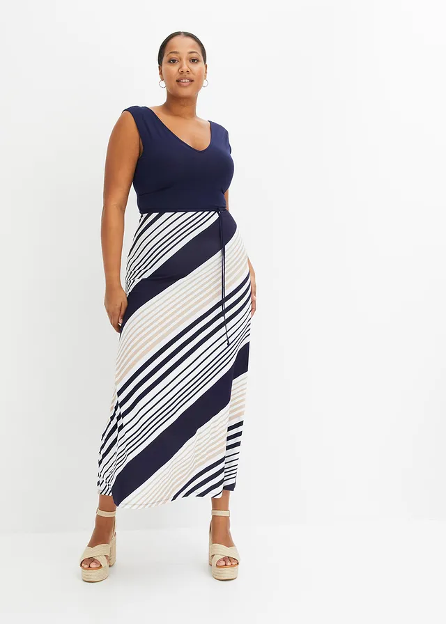 Robe longue et douce en viscose extensible, Couleur: bleu foncé/crème rayé