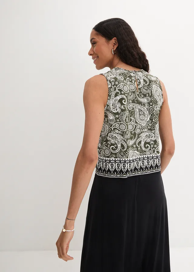 Top met paisley, Kleur: donkerolijfgroen paisley
