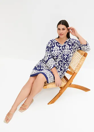 Tuniekjurk van vloeiende viscose, Kleur: donkerblauw/crème