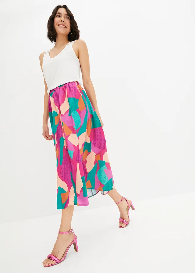 Jupe en satin imprimée, Couleur: rose/pétrole imprimé