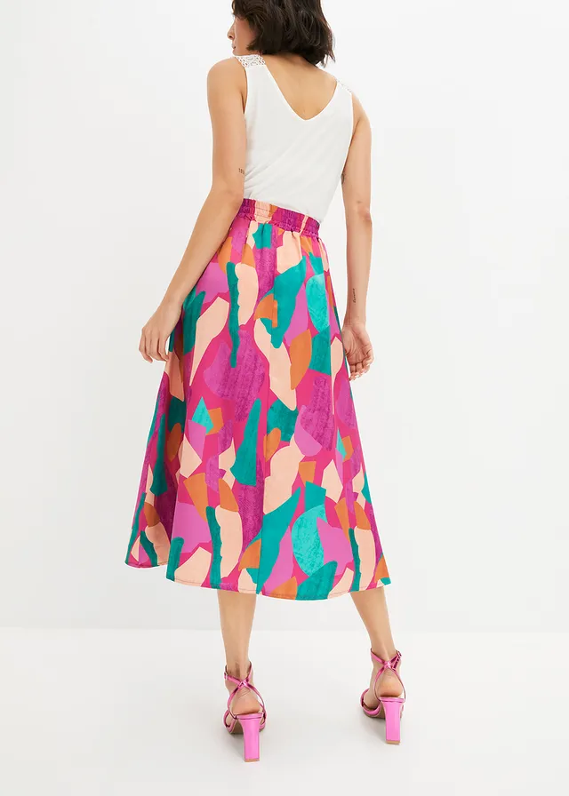 Jupe en satin imprimée, Couleur: rose/pétrole imprimé