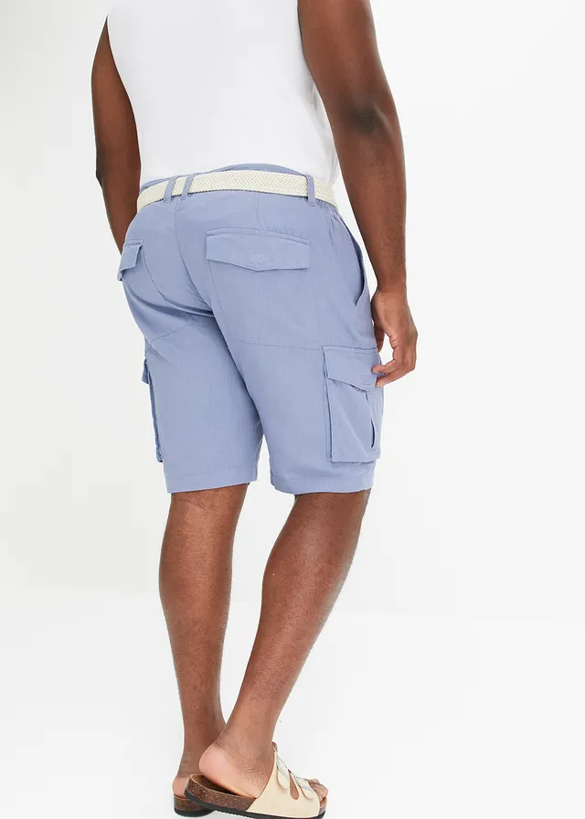 Bermuda cargo avec lin et ceinture, Regular, Couleur: bleu mat