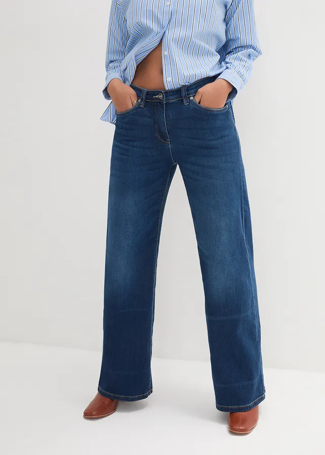 Jean large à taille mi-haute élastiquée, Couleur: bleu denim