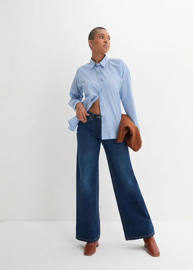 Jean large à taille mi-haute élastiquée, Couleur: bleu denim