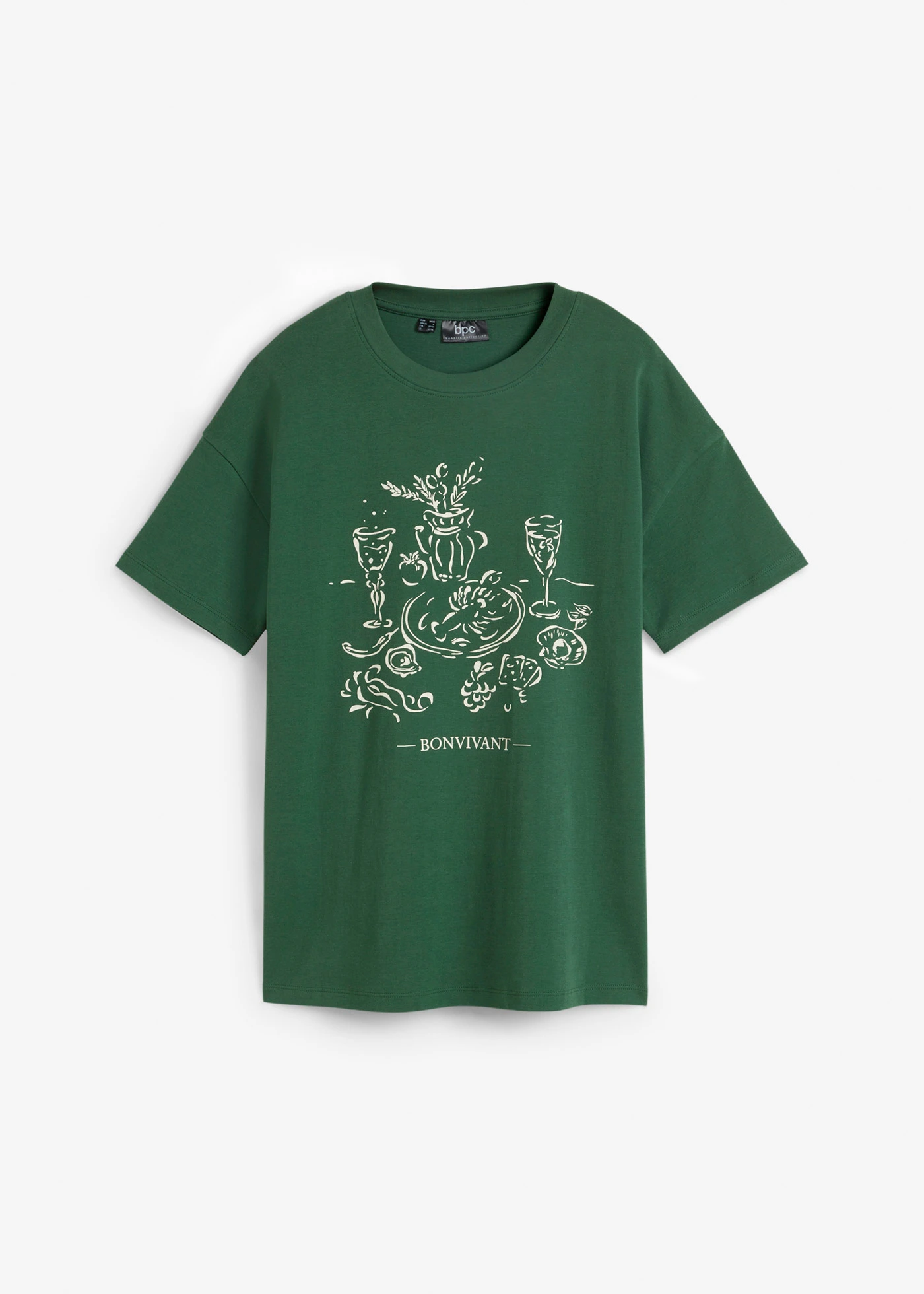 T-shirt oversize z bawełny organicznej • zielony świerkowy-kremowy z nadrukiem • sklep bonprix