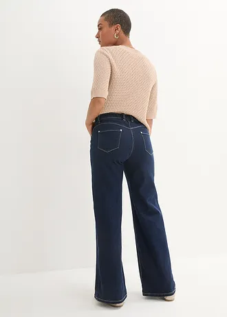 Dżinsy wide leg, mid waist, z wygodnym pasem • granatowy denim • sklep bonprix