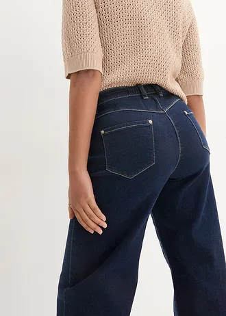 Dżinsy wide leg, mid waist, z wygodnym pasem • granatowy denim • sklep bonprix
