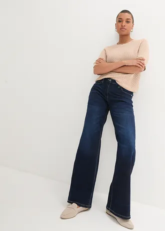 Dżinsy wide leg, mid waist, z wygodnym pasem • granatowy denim • sklep bonprix