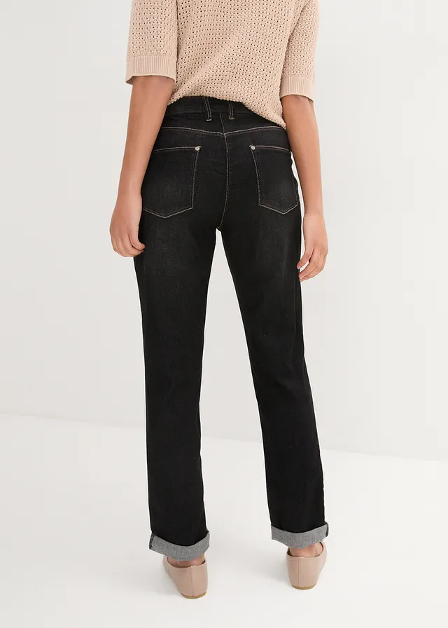 Jean boyfriend taille mi-haute, extensible, Couleur: noir denim