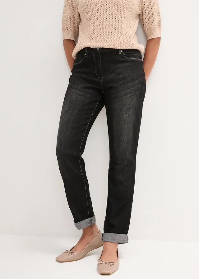 Jean boyfriend taille mi-haute, extensible, Couleur: noir denim