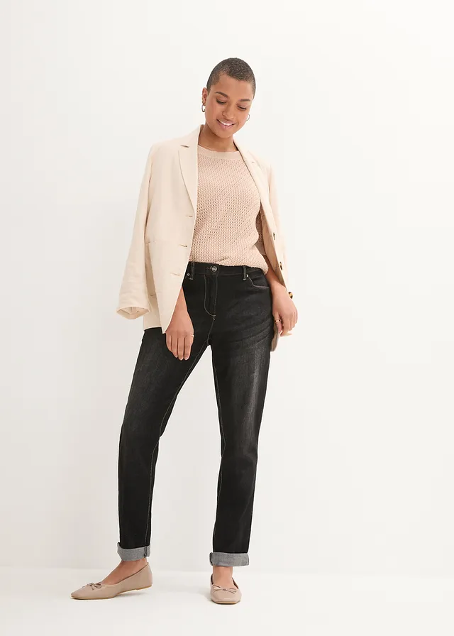 Jean boyfriend taille mi-haute, extensible, Couleur: noir denim