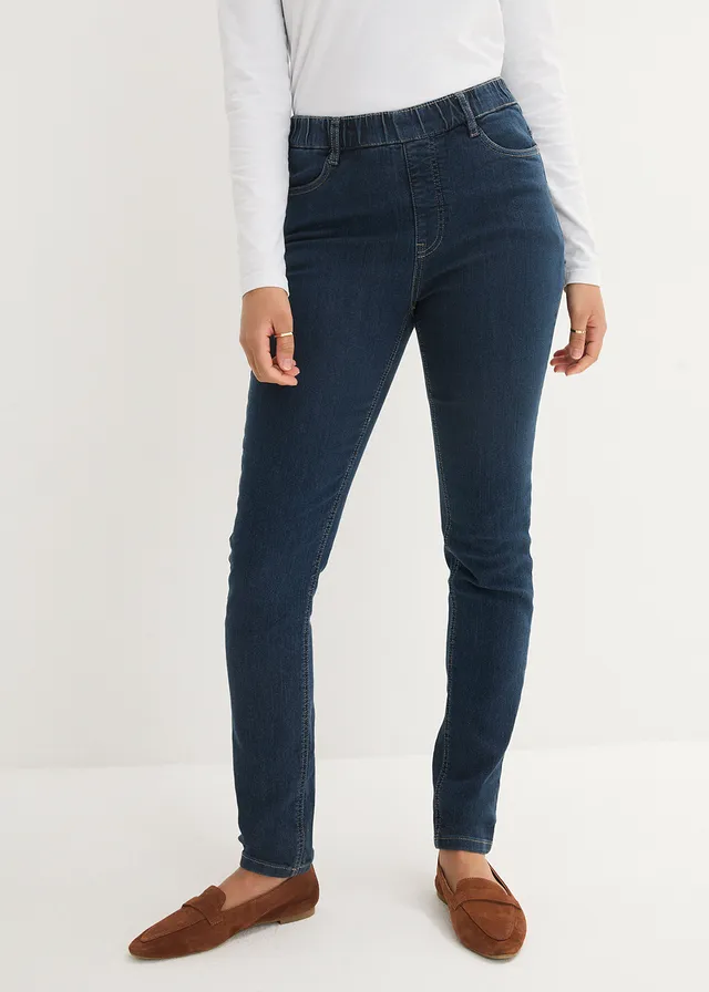 Jegging extensible, taille haute et élastiquée, Couleur: bleu nuit denim