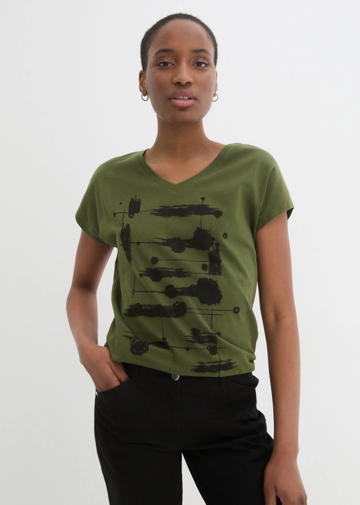 Triko • tmavě khaki-černá s potiskem • bonprix obchod