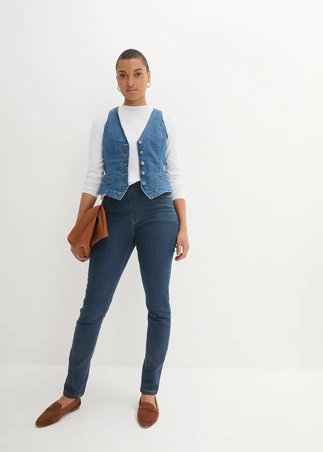 Jegging extensible, taille haute et élastiquée, Couleur: bleu nuit denim