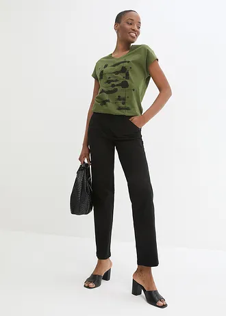 Shirt, Kleur: donkerkaki-zwart met print