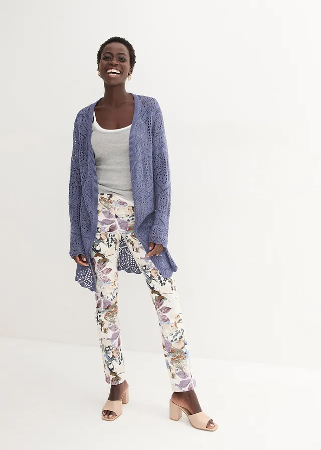 Stretchbroek met bloemenprint, Kleur: ecru gebloemd