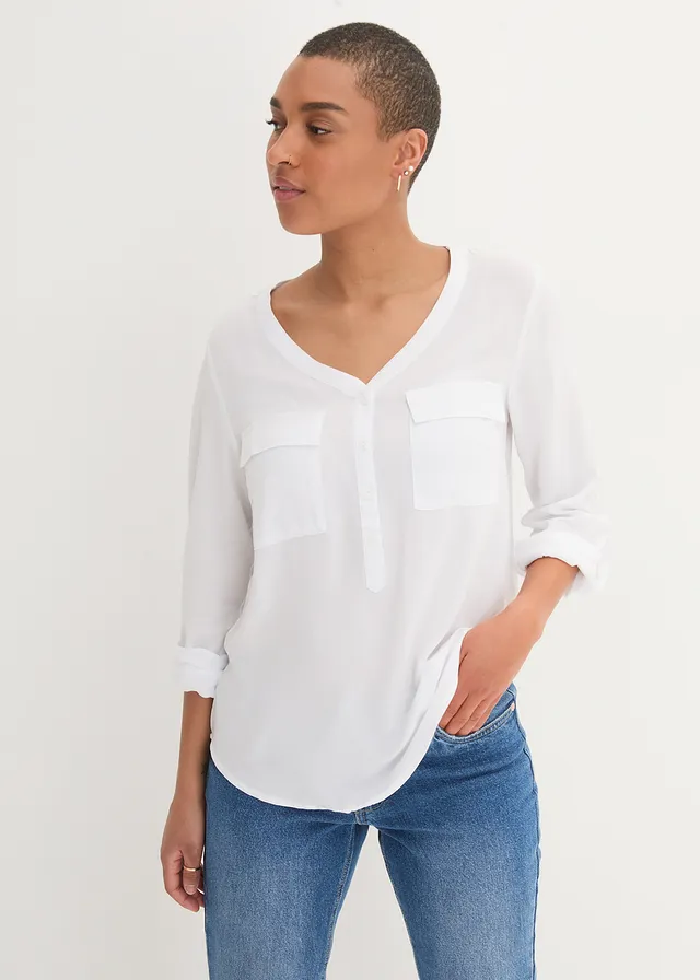 Blouse met lange mouwen en V-hals van vloeiende viscose • wit • bonprix online shop