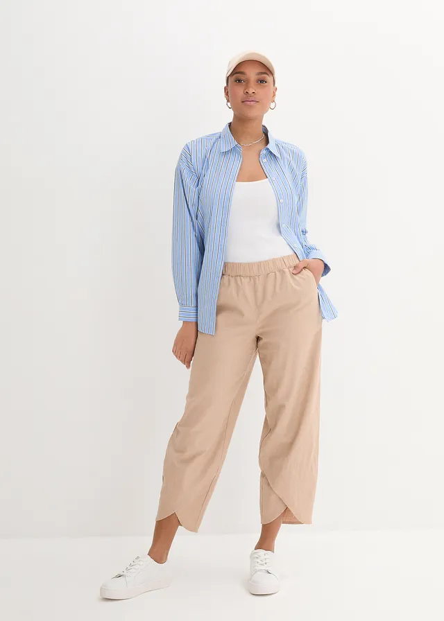 3/4 broek in een lichte linnenmix, Kleur: amandelbeige