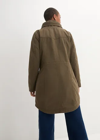 Krátká bavlněná parka se stojáčkem, vypasovaná • khaki zelená • bonprix obchod
