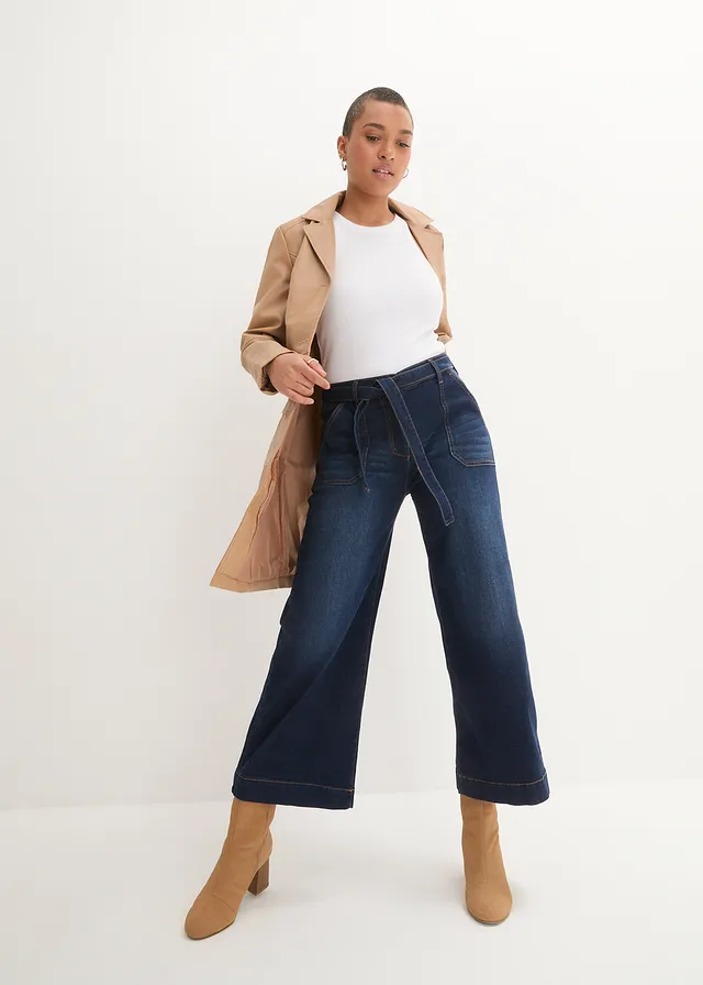Jean large raccourci, taille haute élastiquée, Couleur: bleu nuit denim