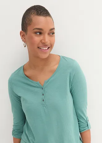 Tričko s knoflíkovou légou, z čisté organické bavlny • kouřově šalvějová • bonprix obchod