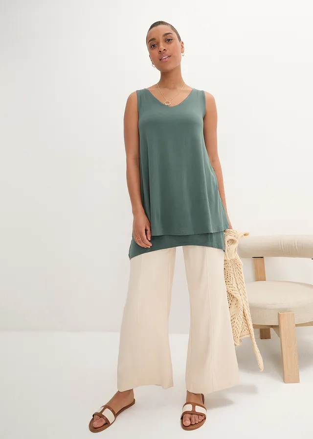 Dubbellaagse longtop in een viscosemix, Kleur: eucalyptusgroen