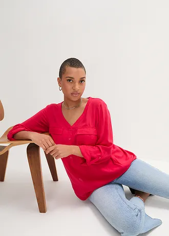 Halenka s výstřihem do V, dlouhý rukáv • granátově červená • bonprix obchod