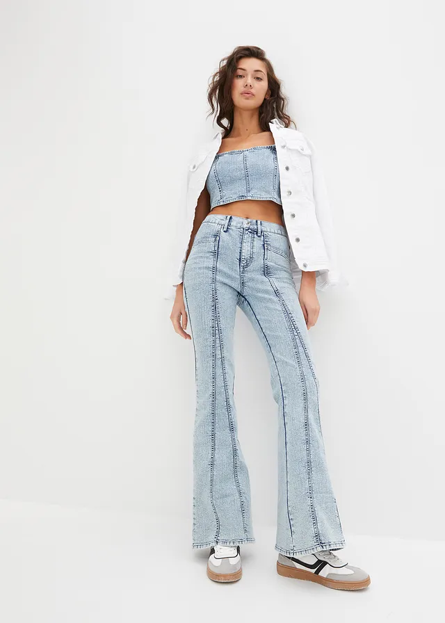 Jean évasé taille haute, Couleur: bleu glacier denim