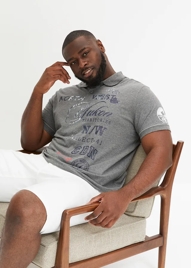 Jersey poloshirt, korte mouw, Kleur: grijs gemêleerd met print