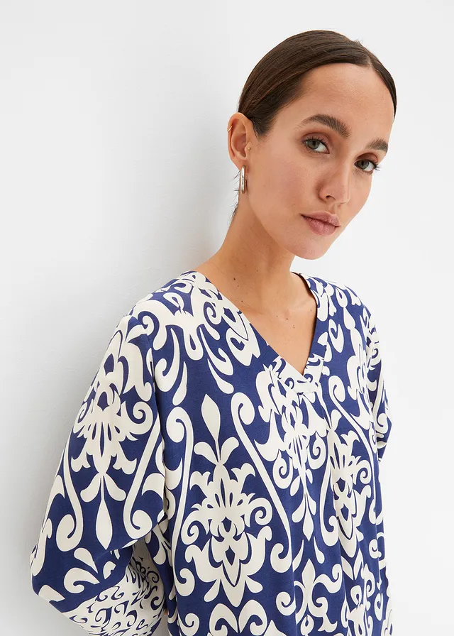 Robe-tunique en viscose fluide • bleu foncé-crème imprimé • product-page.page-title-suffix