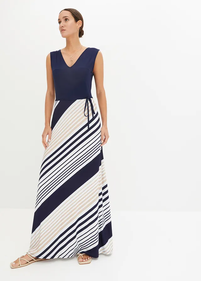 Robe longue et douce en viscose extensible, Couleur: bleu foncé/crème rayé