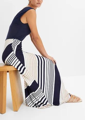 Robe longue et douce en viscose extensible • bleu foncé-crème rayé • Boutique bonprix
