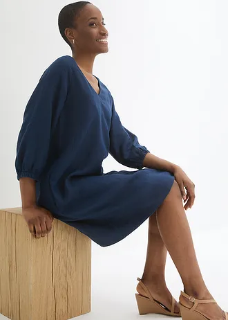 Šaty z čistého lnu, 3/4 rukáv • tmavě modrá • bonprix obchod