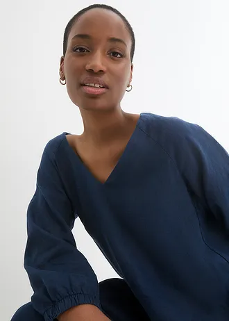 Šaty z čistého lnu, 3/4 rukáv • tmavě modrá • bonprix obchod