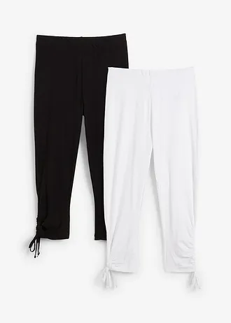 Lot de 2 leggings corsaire avec fronces, Couleur: blanc/noir