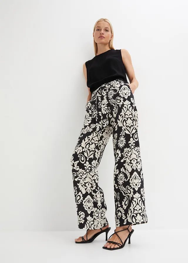 Pantalon palazzo à taille confortable • noir/beige galet imprimé graphique • product-page.page-title-suffix