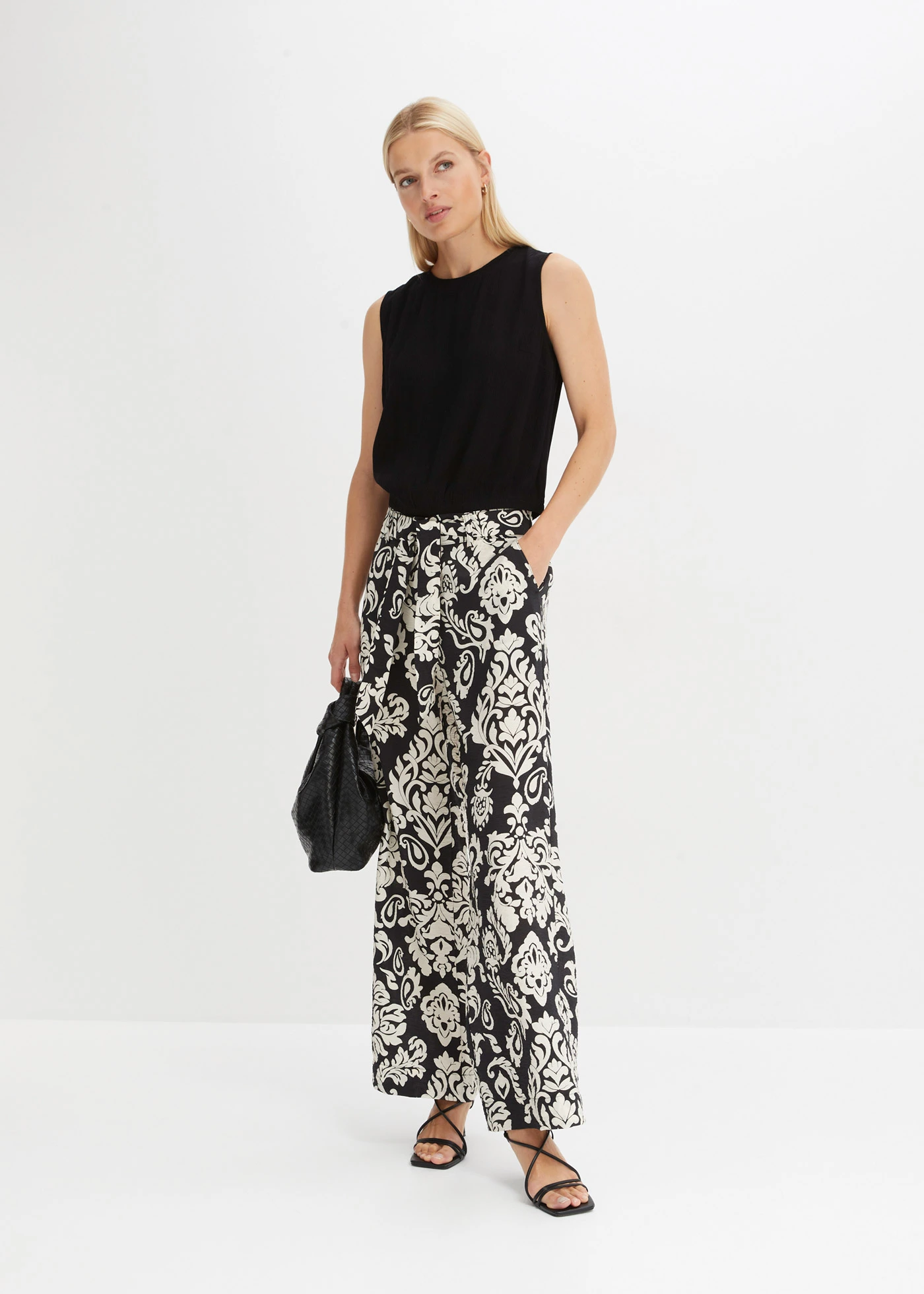 Palazzo kalhoty s pohodlnou pasovkou • černo-šedobéžová s grafickým vzorem • bonprix obchod