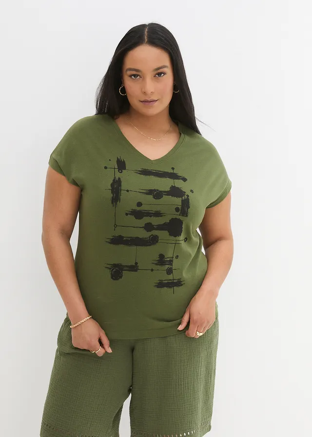 T-shirt, Couleur: kaki foncé/noir imprimé