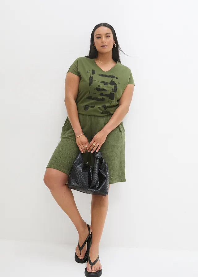 T-shirt, Couleur: kaki foncé/noir imprimé