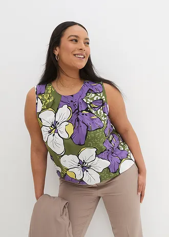 Viscose blousetop, Kleur: paars-donkerkaki gebloemd