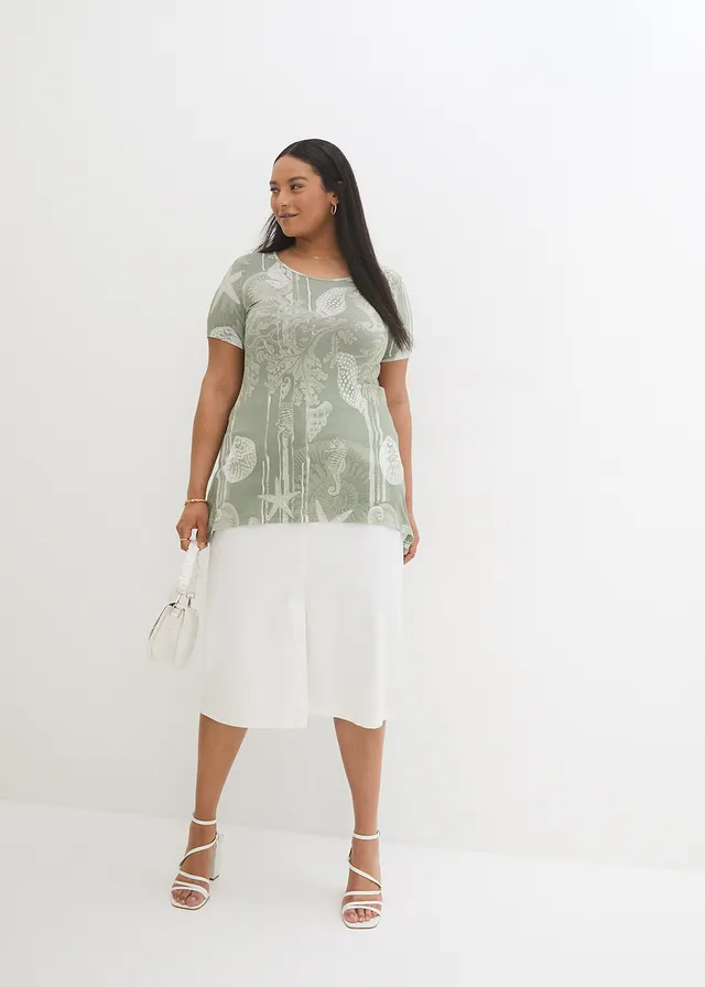 T-shirt long en viscose extensible, Couleur: gris vert/blanc